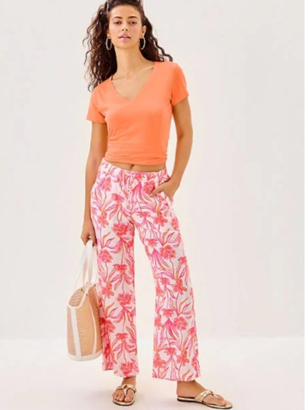Like New! LILLY PULITZER Brawley Linen Crop Pants Lovely Long Stems Size XXL